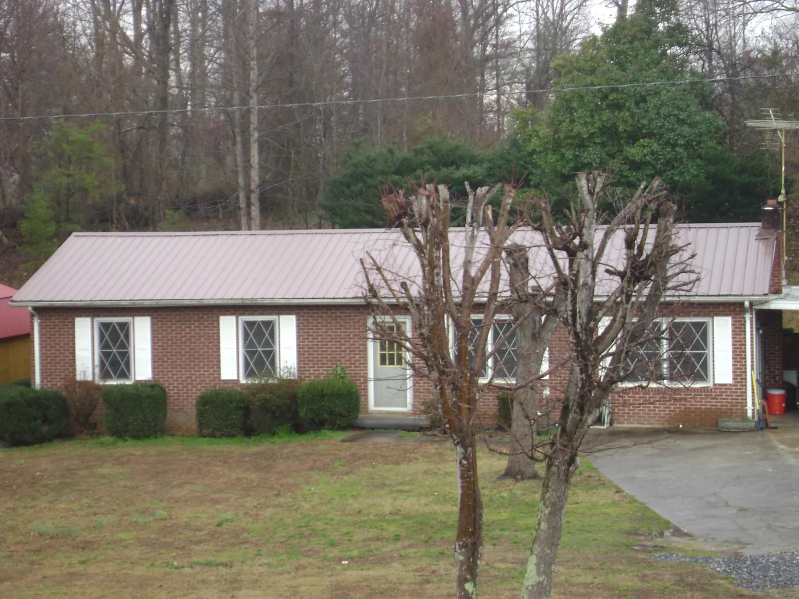 Mauve metal roof on a brick ranch home behind bare trees in Hastings